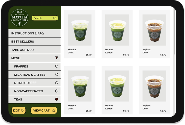 Matcha Maiko Self-Kiosk menu screen with an images of teas, like Hojicha Drink and Matcha Drink.