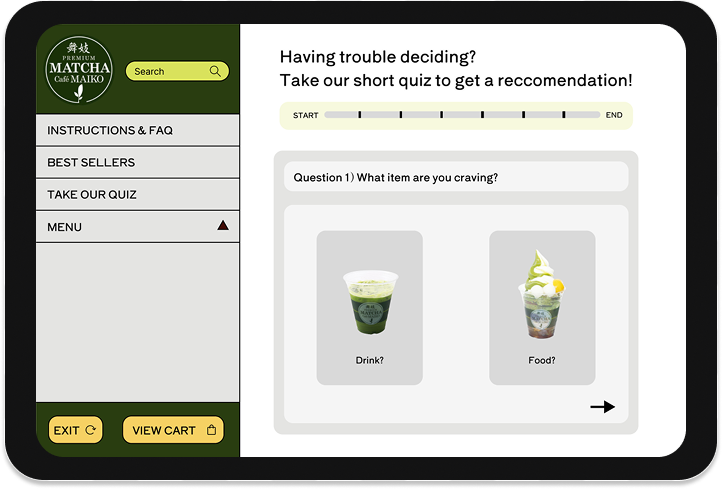 Matcha Maiko Self-Kiosk quiz screen that allows customers to answer a series of questions and receive a recommendation.